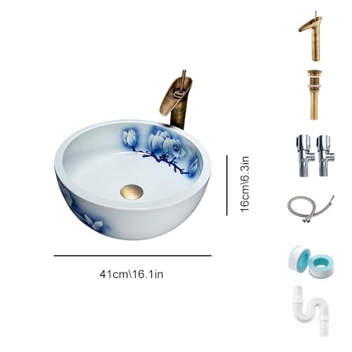 Ceramiczna umywalka łazienkowa nablatowa, biała i niebieska, okrągła miska, ręcznie malowana, umywalka nablatowa, umywalka artystyczna z baterią, średnica 16,14 cala