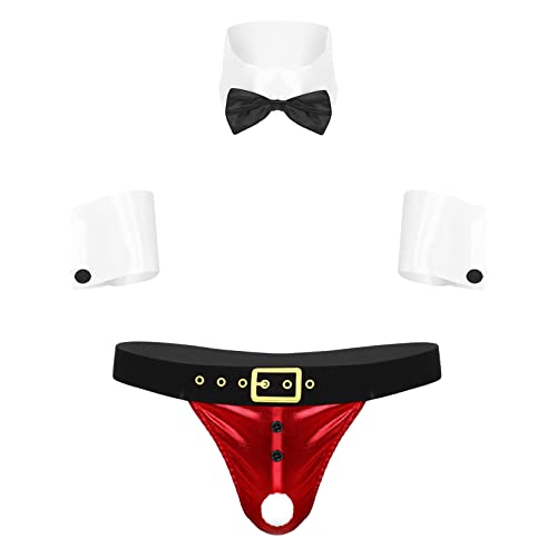 MSemis Herren Weihnachten Unterwäsche Sexy Dessous Samt Boxershorts und Fliege Set Männer Stripper Kostüm Cosplay X-Mas Nachtwäsche Rot D M