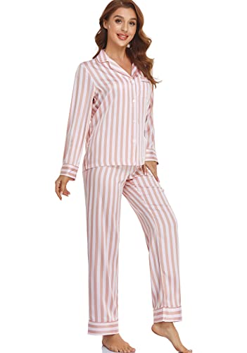 Image of Serenedelicacy Women's Satin Pajama Set Long Sleeve Button Down Sleepwear 2-Piece Silky Pj Set