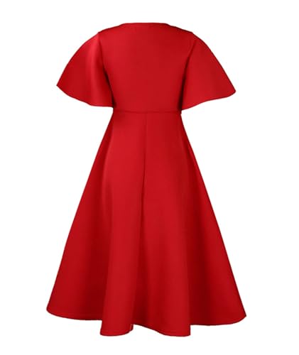 Image of SOMTHRON Women's Wrap V-Neck Ruffle Short Sleeve Midi Dress Elegant A Line Flowy Flared Cocktail Church Dress