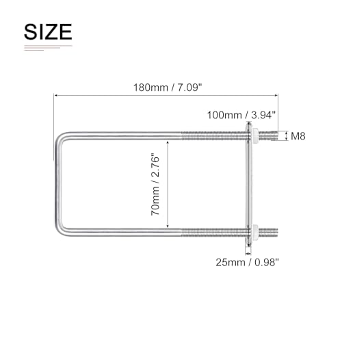 Image of DTGN M8x70x180mm(ThreadxWxL) Square U Bolt - 2Pack - Good for Trailer Pipe Replacement Parts - 304 Stainless Steel U Shape Bolts