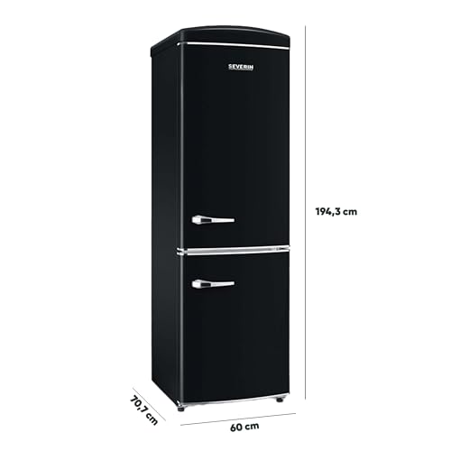 SEVERIN Doppeltür Kühl- & Gefrierschrank, Retro-Design mit Chrom-Details, No Frost + Fast Cooling/Freezing-Funktion, LED-beleuchtet, Kühlbereich 0-8°C, 315 L Volumen, 41 dB, schwarz, RKG 8998 [EEK E]
