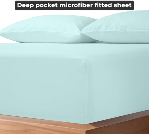 Image of Royale Linens Fitted Sheet Twin - Ultra Soft 1800 Brushed Microfiber - Hotel Luxury Bottom Sheets - Wrinkle Free & Fade Resistant - Deep Pocket Fitted Sheet Only (Twin, Aqua)