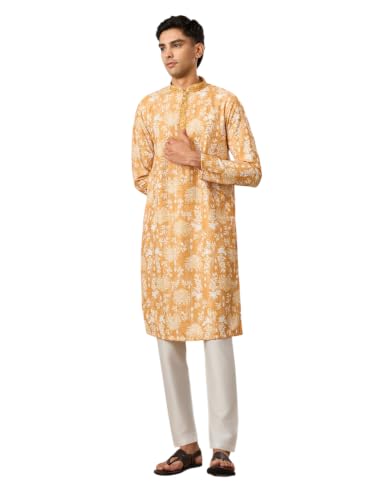 Image of Manyavar Men's Cotton Blend Floral Print Full Sleeves Long Kurta Pyjama Set (2pcs)