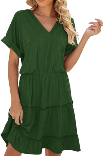 Image of PerZeal Women's Casual V Neck Short Sleeve Tiered Dress Ruffle Hem A-Line Flowy Swing Midi Dresses
