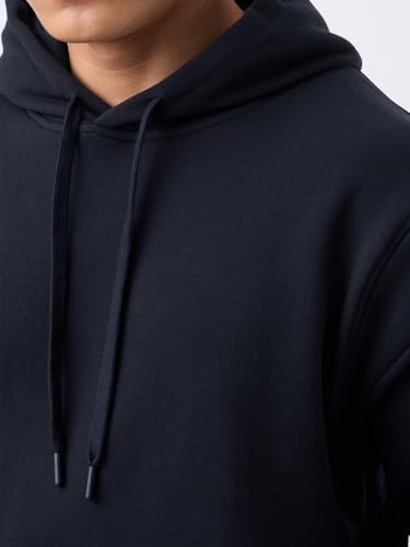 Image of The Souled Store Korean Hoodie: Midnight Men and Boys Long Sleeve Hooded Neck Black Solid Cotton Blend Heavy Fleece Pullover Oversized Hoodie