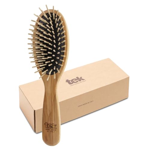 TEK - Spazzola Ovale Grande in Legno di Frassino, Handmade in Italy, con Dente Corto, Universale per Tutti i tipi di Capello - 22 x 6 cm