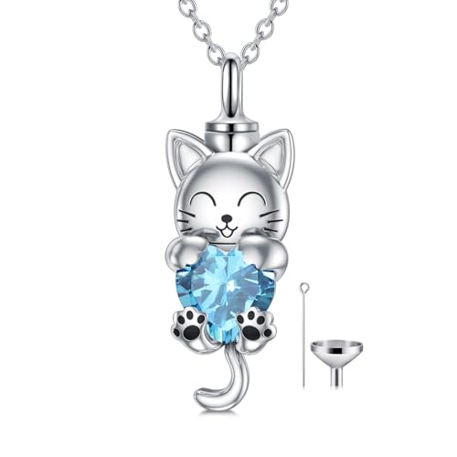 LONAGO 猫の骨壺ネックレス 誕生石付き 猫ペンダントネックレス 遺灰用 スターリングシルバー製 女性へのギフトに, normal, スターリングシルバー, キュービックジルコニア