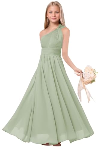 One Shoulder Junior Bridesmaid Dresses Flower Girl Chiffon Maxi Dresses AI0203