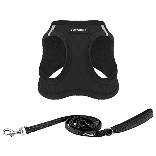 Best Pet Supplies Voyager Step-in Plush Dog Harness - Soft, Step in Vest Harness and Reflective Dog 5 ft Leash Combo with Neoprene Handle for Small and Medium Dogs, Black Plush, XS