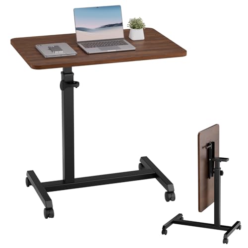 Image of GTPLAYER Small Standing Desk, 24 Inches Foldable Mobile Rolling Laptop PC Table with Lockable Casters, Adjustable Height Overbed Bedside Table Computer Workstation for Home Office, Walnut-Foldable