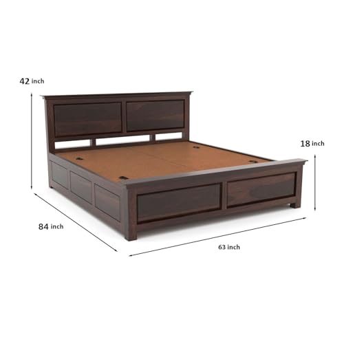 Image of Sheesham Wood Queen Size Bed with Storage Box | Wooden Box Bed Queen Size Double Cot Bed with Storage for Bedroom | Premium 2 Dalla Design Headboard Bed for Living Room | Walnut Finish