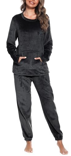 Lovasy Pijama Mujer Invierno Polar Franela Pijamas para Mujer Manga Larga Conjunto Cálido Largo con Bolsillos,Negro,L