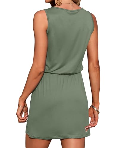 Image of AUSELILY Womens Summer Sleeveless V-Neck Drawstring Waist Beach Cover up Mini Short Swing Dresses with Pockets