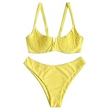 ZAFUL Women's V-Wired Shirred Smocked Underwire Bikini Set Ruched High Cut Two Pieces Swimsuit Yello