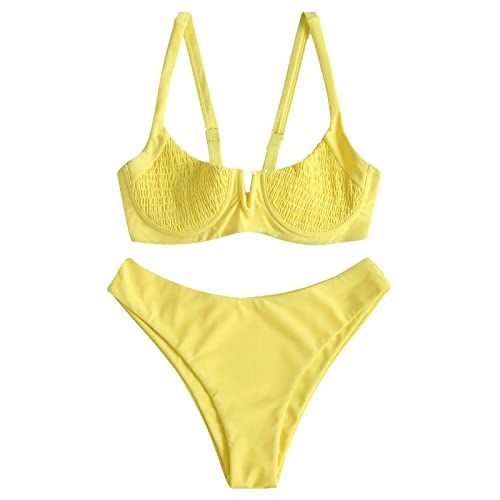 Zaful Women's V-Wired Shirred Smocked Underwire Bikini Set Ruched High Cut Two Pieces Swimsuit Yellow #TOP20
