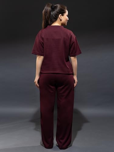 Image of YHA Oversize Round Neck Girls Track Suit Stylish Summer Half Sleeves Womens Cord Set With Full Pant Lightweight Polycotton Fabric Co-ord Sets For Women