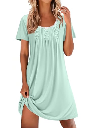 Image of Ekouaer Nightgowns for Women Pleated Night Shirts Short Sleeve Sleep Shirts Lace Trim Night Gown Ladies Soft Sleep Dress Light Green