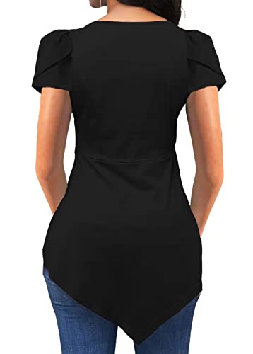 Beverly Women's Tunic Tops For Leggings Petal Sleeve V Neck Blouses Casual Pleated Asymmetrical T-Shirts Black S #TOP2