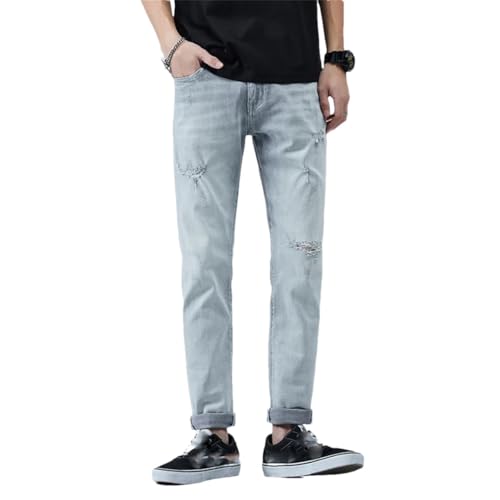 Men’S Slim Fit Straight Elastic Tear Denim Pants Elastic Waist Lightweight Ankle Length Trendy Button Detail Jeans