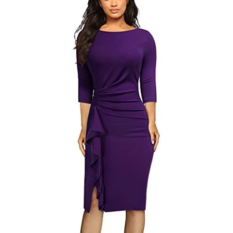 AISIZE Women's Retro 3/4 Sleeve Ruched Elegant Business Pencil Sheath Dress Purple Cover