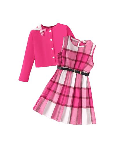 Image of PureChapter Girls' Preppy Clothes Plaid Vest Dress Cardigan Jacket Belt Cute Kids Clothes 7-14Y Green