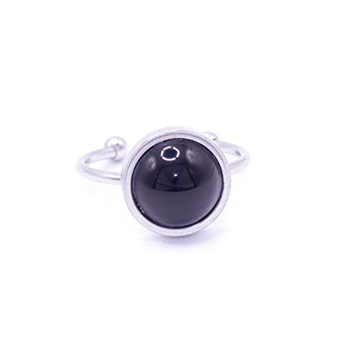 ZARZAMORA Anillo Mujer Acero Inoxidable Plateado y Piedra Natural   Ajustable con Piedra Protectora Energetica Curativa de Protección Anillos con Gema Semipreciosa (Plata Obsidiana)
