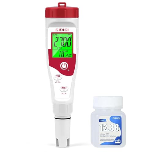 GIDIGI Medidor Salinidad Piscina, 5 en 1 Comprobador pH Sal EC TDS y Temp, con Solución de Calibración 12.88mS/cm, Kit Analizador Piscina Agua Salada para Piscinas, Acuarios, Hidroponía y Agua Potable