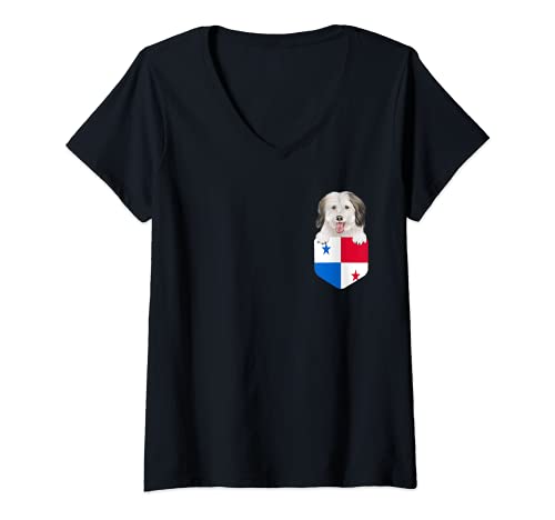Womens Panama Flag Coton de Tulear Dog In Pocket V-Neck T-Shirt, Black