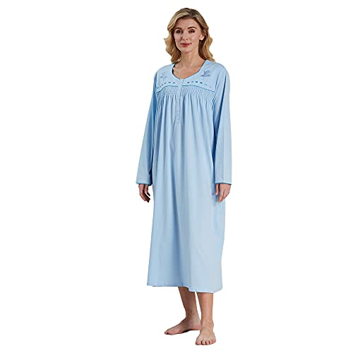 Keyocean Nightgowns For Women, Soft Comfortable 100% Cotton Long Sleeves Ladies Nightdress, Medium Blue, Large #TOP26
