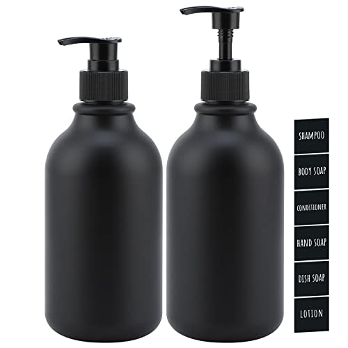 Segbeauty Matt Dispenser , 2 Stück 500ml Schwarz Seifenspender Set für Lotion Shampoo Duschgel , Spülmittelspender zum Befüllen mit Etiketten, Nachfüllbar Plastikflasche für Küche Bad -Flachdüse Cover
