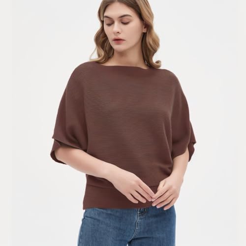 Image of EDSTAR Women's Boat Neck Short Sleeve Dolman Knit Sweater, Brown | Boat neck, short batwing dolman sleeves, soft knit fabric, casual summer autumn pullover, versatile daily wear, solid color