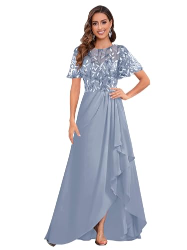 Fu Jiang Women's Short Sleeve Mother of The Bride Dresses Long Chiffon Ruffles High Low Formal Evening Gowns2