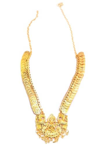 Image of VAMA FASHIONS Traditional South Indian Goddess Laxmi Haar Temple Jewellery Mahalakshmi kasulaperu Lakshmi Necklace Set for Women