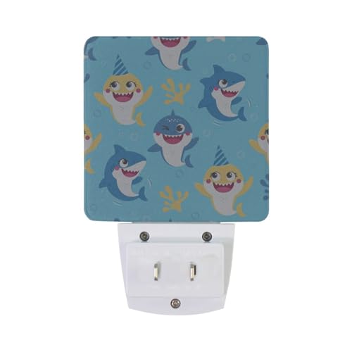 Image of Cute Sharks Night Lights 2 Pack Plug-in Wall Led Nightlight Auto Dusk-to-Dawn Sensor Lamps for Bedroom Kitchen Bathroom Hallway Stairs