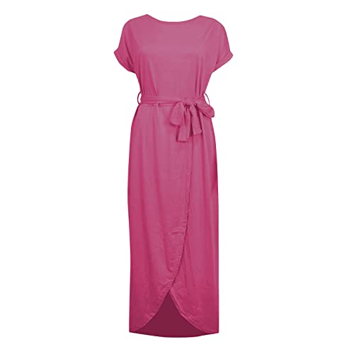 Baxlimek Pencil Dresses For Women,2023 Summer Casual Crewneck Short Sleeve Lace Up T Shirt Dress,Trendy Irregular Slit Hem Maxi Dress,Elegant Plain Ruched Sundress Office Outfits(B-Hot Pink,Xl) #TOP2