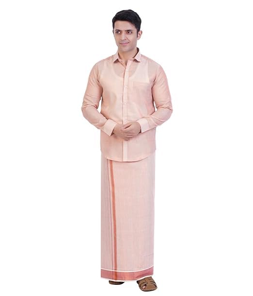 Image of Men's Traditional Indian Shirt and Dhoti Set, Full Sleeves Tissue Silk Cotton Shirt With Dhoti 2 metres for men