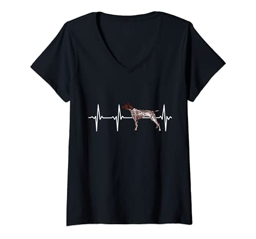 Womens German Shorthaired Pointer Heartbeat Love My Dog V-Neck T-Shirt, Black