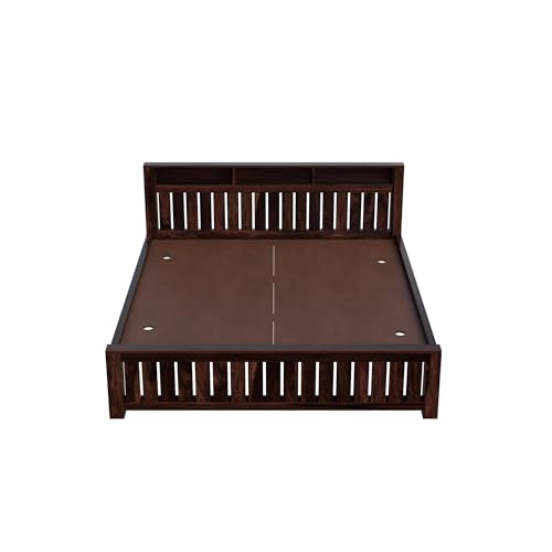 Image of Solid Sheesham Wood Queen Size Bed Without Storage | Wooden Double Bed Cot Bed for Bedroom Furniture | Palang Double Bed for Hotels | Walnut