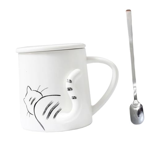 EXQUIMEUBLE 浮彫猫デザインセラミックコーヒーマグ 蓋とコーヒースプーン付き おしゃれで実用的なティーカップ 家 オフィス用贈答品