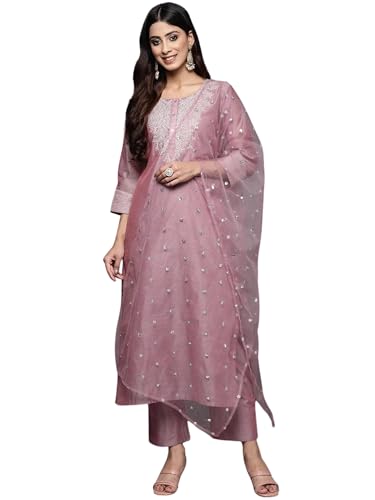 Image of Royal Export Women's Poly Silk Embroidered Yoke Design Kurta Pant Set with Dupatta