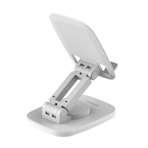 Image of WALLVIEW TECH 360 Aluminum Mobile Stand for Desk, Foldable Design with Stable Rotational Metallic Round Base, Multiple Height & Angle adjustments for Smartphones, Tablets & iPad (White)