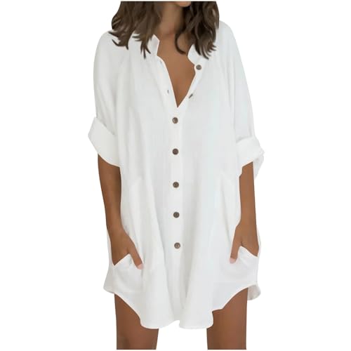 Camisas largas de manga 3/4 para mujer, estilo casual, holgadas, con botones, cuello alto, túnica con bolsillo, blusa ligera de lino y algodón para verano, salida de playa, tops de talla grande 22/24