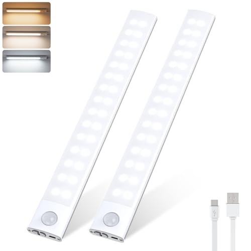 HighLuc Lampe de Placard, 60LED 3000mAh Eclairage Led Rechargeable USB-C Interieur Placard, Sans Fil Dimmable Lampe Led Detecteur Mouvement Lumière Led pour Placard Escalier Couloir Cuisines - 2 PCS