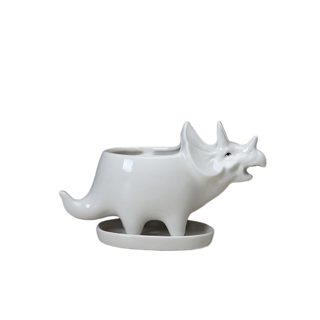 GELASIGE Flower Pots Creative Triceratops Succulent Flowerpot, Indoor Tabletop Ceramic Flowerpot, Flowerpot With Tray Outdoor Flower Pots(A)