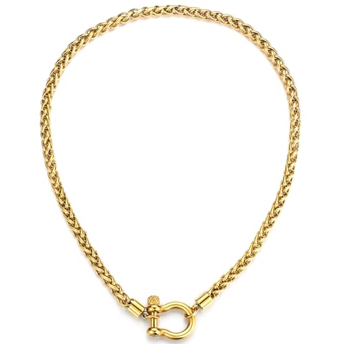 Tondiamo Stainless Steel Wheat Chain Necklace Heavy Screw Anchor Shackle Wheat Necklace Chunky Gold Necklace for Women Men