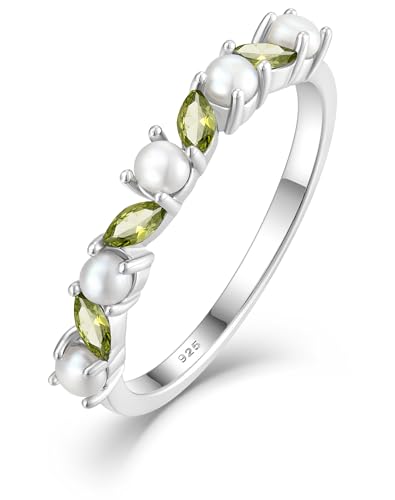 YL Peridot Pearl Ring for Women 925 Sterling Silver Mariquesa Created Birthstone Stackable Rings Eternity bands Jewelry Size 7