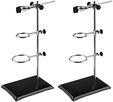 QWORK Chemistry Laboratory Stands Support Set, 2 Set Steel Lab Stand with Cast Iron Base, Rod 16" L with Burette Clamp and Flask Ring Clamps, 2 Retort Rings (Dia. 2"/2.8")