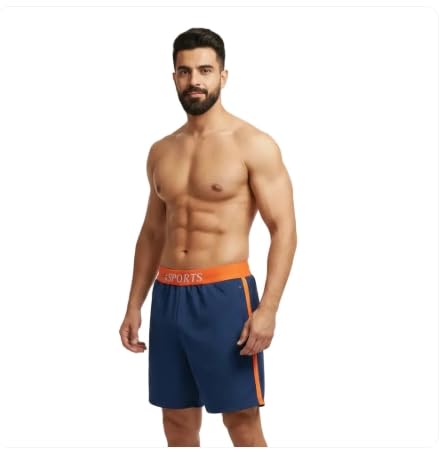 Men's Swim Shorts, Navy Blue, Quick-Dry, Elasticated Orange Waistband, Regular Fit, Mid Rise-image-1