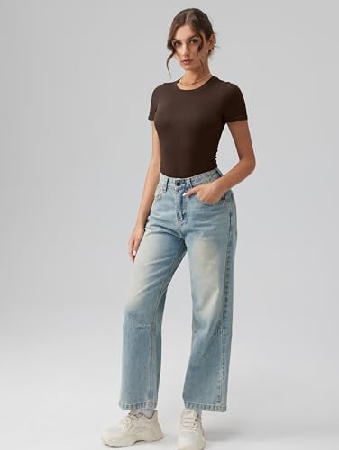 Image of OQQ Women's Crew Neck Short Sleeve Bodysuit Ruched Stretch Vacation Basic for Tops Spring & Summer